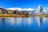 The Matterhorn reflected in Stellisee, Zermatt, Canton of Valais, Pennine Alps, Swiss Alps, Switzerland, Europe