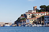 Harbour with Torre della Marina, Marina di Campo, Island of Elba, Livorno Province, Tuscany, Italy, Europe
