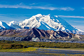 Scenic view of Mt. McKinley and the Thorofare River Valley in Denali National Park, Interior Alaska, Fall, USA.