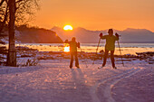 Two back lit people cross country skiing on the Tony Knowles Coastal Trail at sunset, Southcentral Alaska