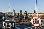 Historic port, Maerkisches Ufer, museum ships in the harbour, old barge Helene, Berlin Mitte, Germany