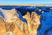 Aerial view of Catinaccio Group and Vajolet Towers at sunset, Sciliar Natural Park, Dolomites, Trentino-Alto Adige, Italy, Europe