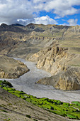 Tangge, tibetian village with a buddhist Gompa in the Kali Gandaki valley, the deepest valley in the world, fertile fields are only possible in the high desert due to a elaborate irrigation system, Mustang, Nepal, Himalaya, Asia