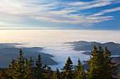 Fog over the Rhine valley, view from Belchen over Muenstertal and Rhine valley towards the Vosges, Black Forest, Baden-Wuerttemberg, Germany