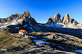 Views of the Three Peaks of Lavaredo and Refuge Locatelli, Sesto, Dolomites, Trentino-Alto Adige, Italy, Europe
