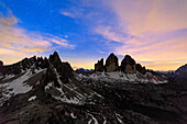 Starry night frame the Three Peaks of Lavaredo, Sesto, Dolomites, Trentino-Alto Adige, Italy, Europe