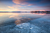 Sunrise on the frozen Lake Limingen, Rorvik, Borgefjell National Park, Trondelag, Norway, Scandinavia, Europe