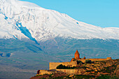 Khor Virap Monastery, and Mount Ararat, 5137m, highest mountain in Turkey photographed in Armenia, Caucasus, Central Asia, Asia