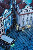 High angle view of buildings in Old Town Square at dusk, UNESCO World Heritage Site, Prague, Czech Republic, Europe