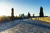 Early morning on Charles Bridge looking towards the Old Town, UNESCO World Heritage Site, Prague, Czech Republic, Europe