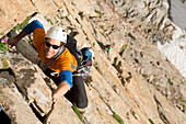 A man rock climbing on the Diamond, Rocky Mountain National Park, Estes Park, Colorado.