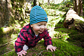 A young boy crawling over moss covered ground in the forest.