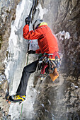 A woman ice climbing a route called  Birdbrain Boulevard on the Camp Bird Road near, Ouray, Colorado.