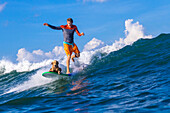 Surfer with a dog on the surfboard.