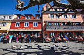 cafes on the promenade at the lakefront of Meersburg, lake Constance, Baden-Wuerttemberg, Germany, Europe