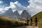 Mountain biker at Col Rodella, behind it Langkofel, Trentino South Tyrol, Italy