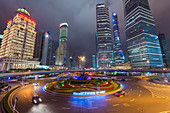 Pudong financial district at night, Shanghai, China, Asia