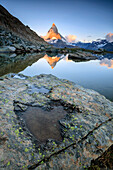 The Matterhorn reflected in Lake Stellisee at dawn, Zermatt, Pennine Alps, Canton of Valais, Swiss Alsp, Switzerland, Europe