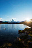 The Matterhorn, 4478m, and Stellisee lake at sunset, Zermatt, Valais, Switzerland, Europe