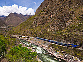Train between Aguas Calientes and Ollantaytambo through the Sacred Valley, Cusco Region, Peru, South America