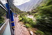 Train between Aguas Calientes, the stop for Machu Picchu, and Ollantaytambo, Cusco Region, Peru, South America