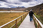 Person hiking at Lake Limpiopungo Lago Limpiopungo in the shadow of Ruminahui Volcano, Cotopaxi National Park, Cotopaxi Province, Ecuador, South America