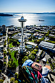 Aerial view of Space Needle in Seattle cityscape, Washington, United States