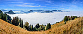 Panorama with sea of fog in valley of Inn and view to Kranzhorn, Pendling, Bruennstein, Spitzing area, Asten and Wendelstein, view from Heuberg, Heuberg, Chiemgau, Chiemgau Alps, Upper Bavaria, Bavaria, Germany