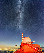 Starry sky with milky way above observatory, Wendelstein, Mangfall range, Bavarian Alps, Upper Bavaria, Bavaria, Germany