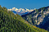 Blick auf Hohe Tauern mit Wiesbachhorn, Seebergkopf, Mangfallgebirge, Bayerische Alpen, Oberbayern, Bayern, Deutschland