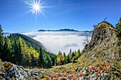 Person steht am Gipfel des Rehleitenkopf mit Nebelmeer im Inntal und Mangfallgebirge, Rehleitenkopf, Mangfallgebirge, Bayerische Alpen, Oberbayern, Bayern, Deutschland