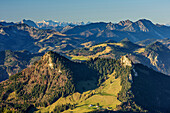 Heuberg in foreground, Karwendel and Spitzing area with Rotwand and Hochmiesing in background, view from Hochries, Hochries, Chiemgau, Chiemgau Alps, Upper Bavaria, Bavaria, Germany