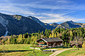 Alpine hut in front of Spitzing area, view from Wendelstein, Wendelstein, Bavarian Alps, Upper Bavaria, Bavaria, Germany