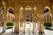 Patio of the Lions at the Nasrid Palace in the Alhambra Palace, Granada, Spain