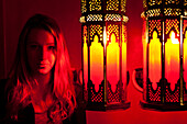 Girl in the light of Moroccan Lamps, Café Arabe, Marrakech, Morocco