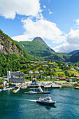 The village of Geiranger is an improtant cruise ship port at the head of Geirangerfjord, UNESCO World Heritage Site, Norway, Scandinavia, Europe