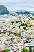 High view of the harbour and town of Alesund, Norway, Scandinavia, Europe