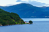 Small houses on Storfjord Storfjorden, Norway, Scandinavia, Europe