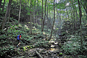 Woman backpacker hiking on the West Rim Trail in Tioga State Park of north central Pennsylvania September 2011. The 30-mile long trail overlooks Pine Creek Gorge and is considered the Grand Canyon of Pennsylvania.