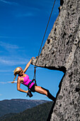 Female rock climber in Phantom Spires, Tahoe, CA
