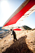 World record hang glider, BJ Herring waits for the right wind while on launch on at Lookout Mountain in Golden, Colorado.