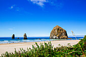 Sea stack rocks on beach under blue sky