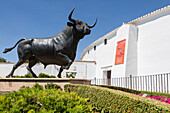 statue of a bull in front of the arena, plaza de toro, ronda, costa del sol, the sunny coast, andalusia, spain