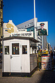 checkpoint charlie marked the boundary between east and west berlin, symbol of the cold war which ended with the fall of the berlin wall in 1989, berlin, germany