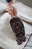 Close-up of hand pouring coffee beans on sack