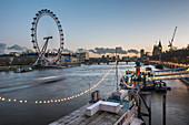 Tattershall Castle River Thames Boat Restaurant and The London Eye at night seen from Embankment, London, England, United Kingdom, Europe