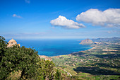 View to village Erice and Monte Cofano Erice, Sicily, Italy, Europe