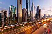 Sheikh Zayed Road, traffic and new high rise buildings along Dubai's main road, Dubai, United Arab Emirates, Middle East