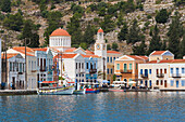 Waterfront houses and church, Kastellorizo Kastelorizo, Megisti, Meis, Rhodes, Dodecanese Islands, South Aegean, Greece, Europe