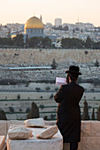 Orthodox Jew praying at Mount of Olives cemetery, Jerusalem, Israel, Middle East